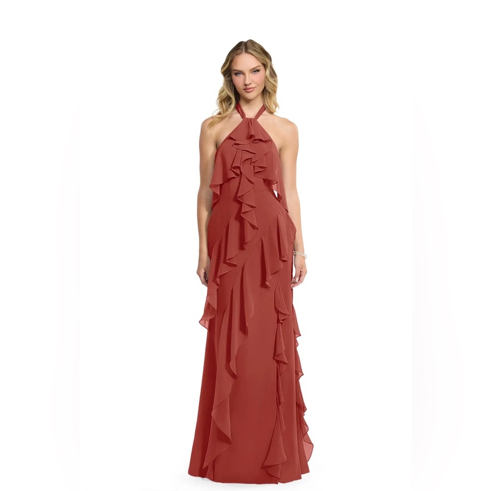Halter Neck Ruffle Maxi Dress - Rust